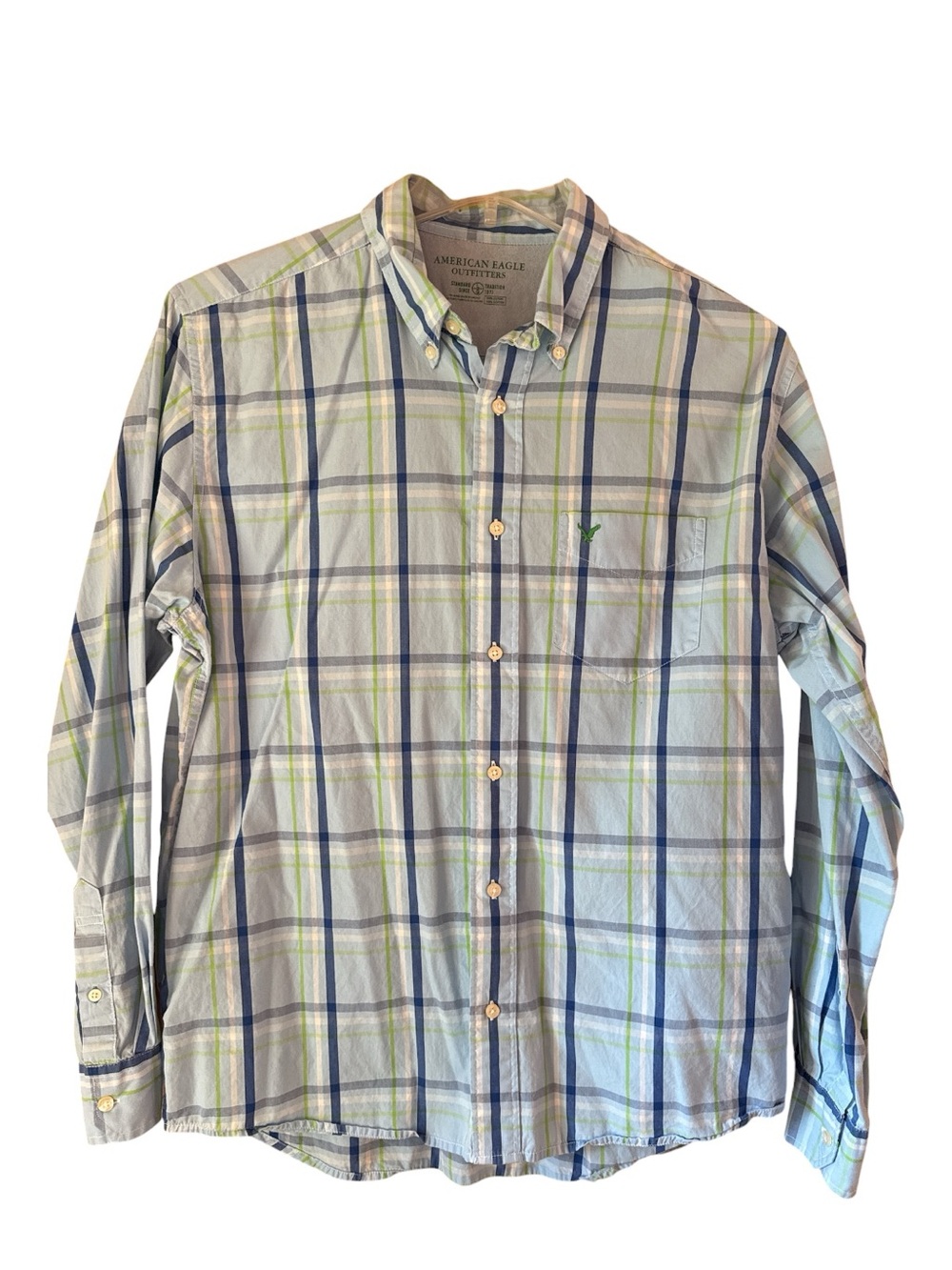American Eagle Outfitters Blue and Green Plaid Button-Down Shirt